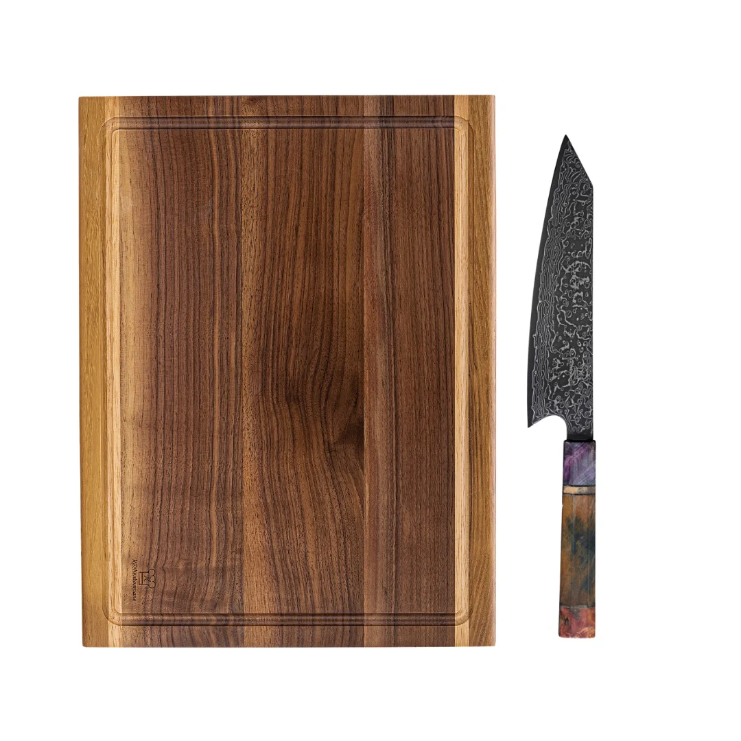 Premium Gourmet-Set: Handgeschmiedetes Damast Gyuto & Mizo Edelholz-Schneidebrett